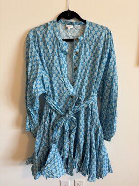 Rhode Ella Dress - Blue Floral Block Print Tiered Mini, L